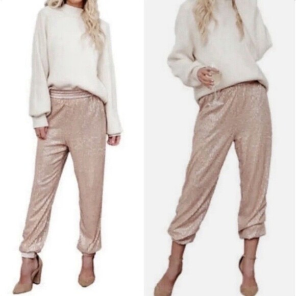 Anthropologie Pants Metallic Rose Gold Shimmery Melora Joggers Size Small - Picture 1 of 10